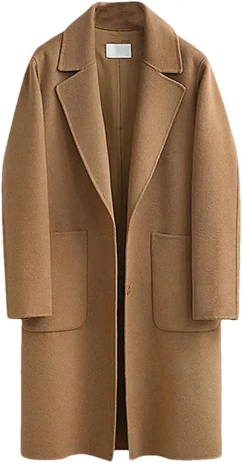 Fjnbbiot Women's Double-Sided Woolen Coat Long Loose Woolen Coat Elegant Notched Collar Double Breasted Wool Blend Over Coat