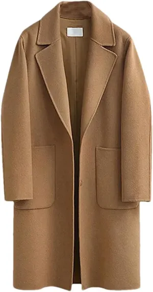 Fjnbbiot Women's Double-Sided Woolen Coat Long Loose Woolen Coat Elegant Notched Collar Double Breasted Wool Blend Over Coat
