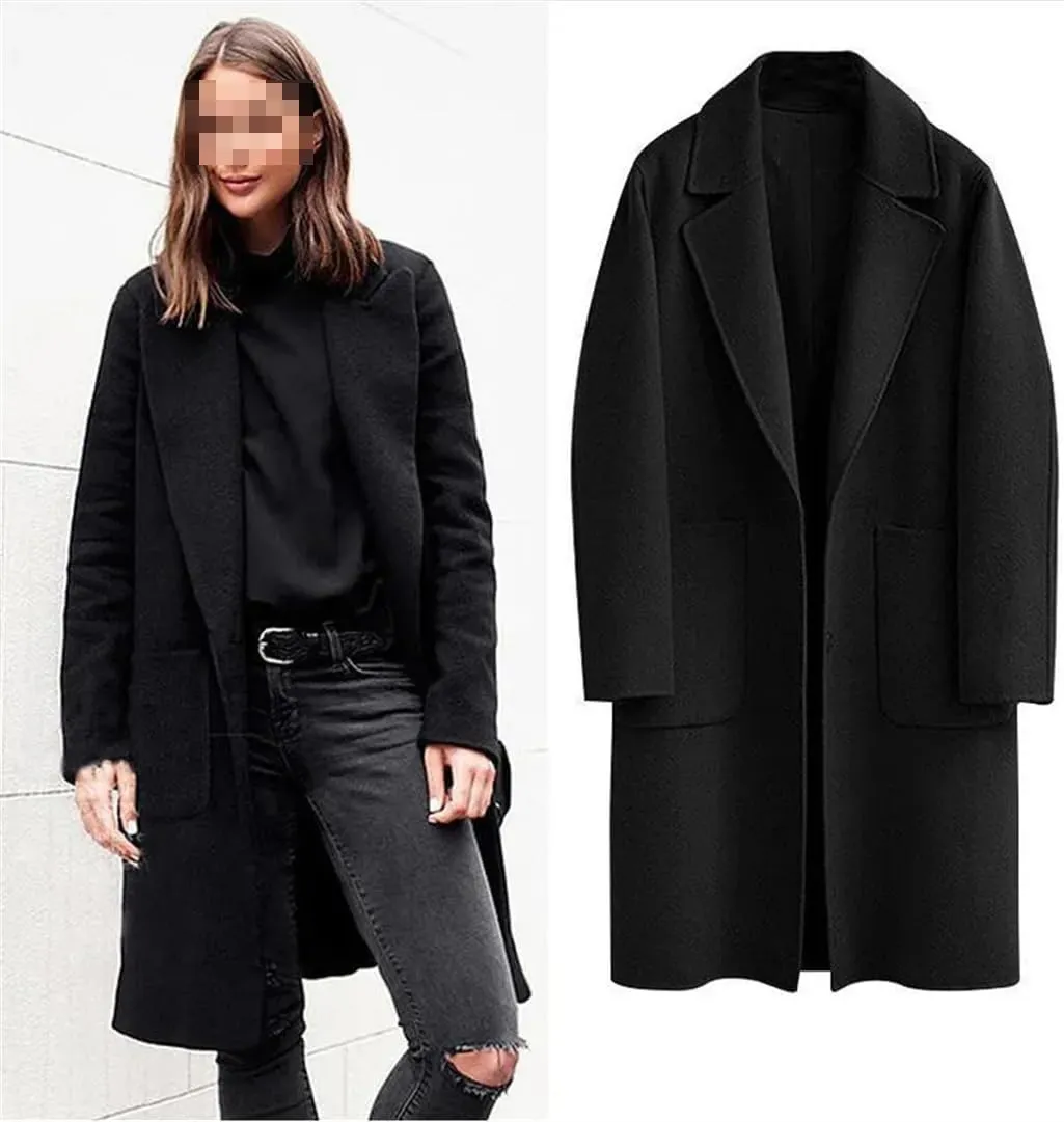 Fjnbbiot Women's Double-Sided Woolen Coat Long Loose Woolen Coat Elegant Notched Collar Double Breasted Wool Blend Over Coat