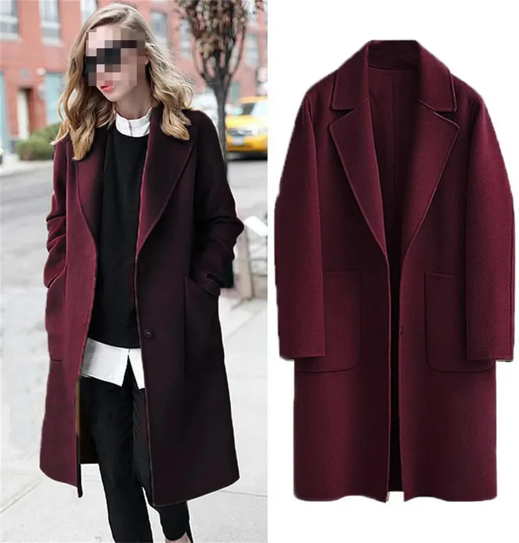 Fjnbbiot Women's Double-Sided Woolen Coat Long Loose Woolen Coat Elegant Notched Collar Double Breasted Wool Blend Over Coat