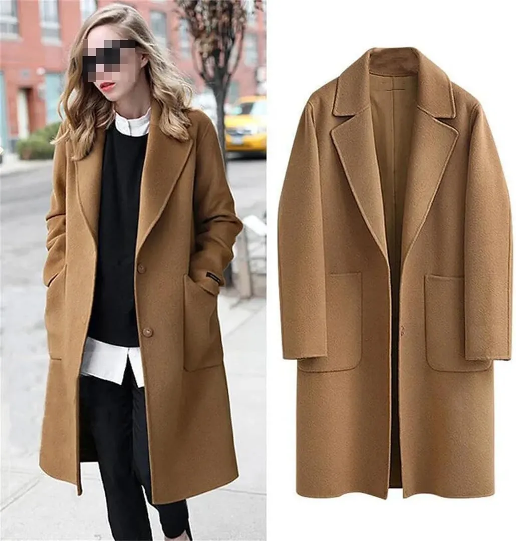 Fjnbbiot Women's Double-Sided Woolen Coat Long Loose Woolen Coat Elegant Notched Collar Double Breasted Wool Blend Over Coat