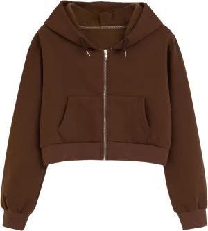 Fleece Cropped Zip Up Hoodie for Women Cute Drawstring Hooded Sweatshirts Casual Solid Crop Jacket Top with Pockets