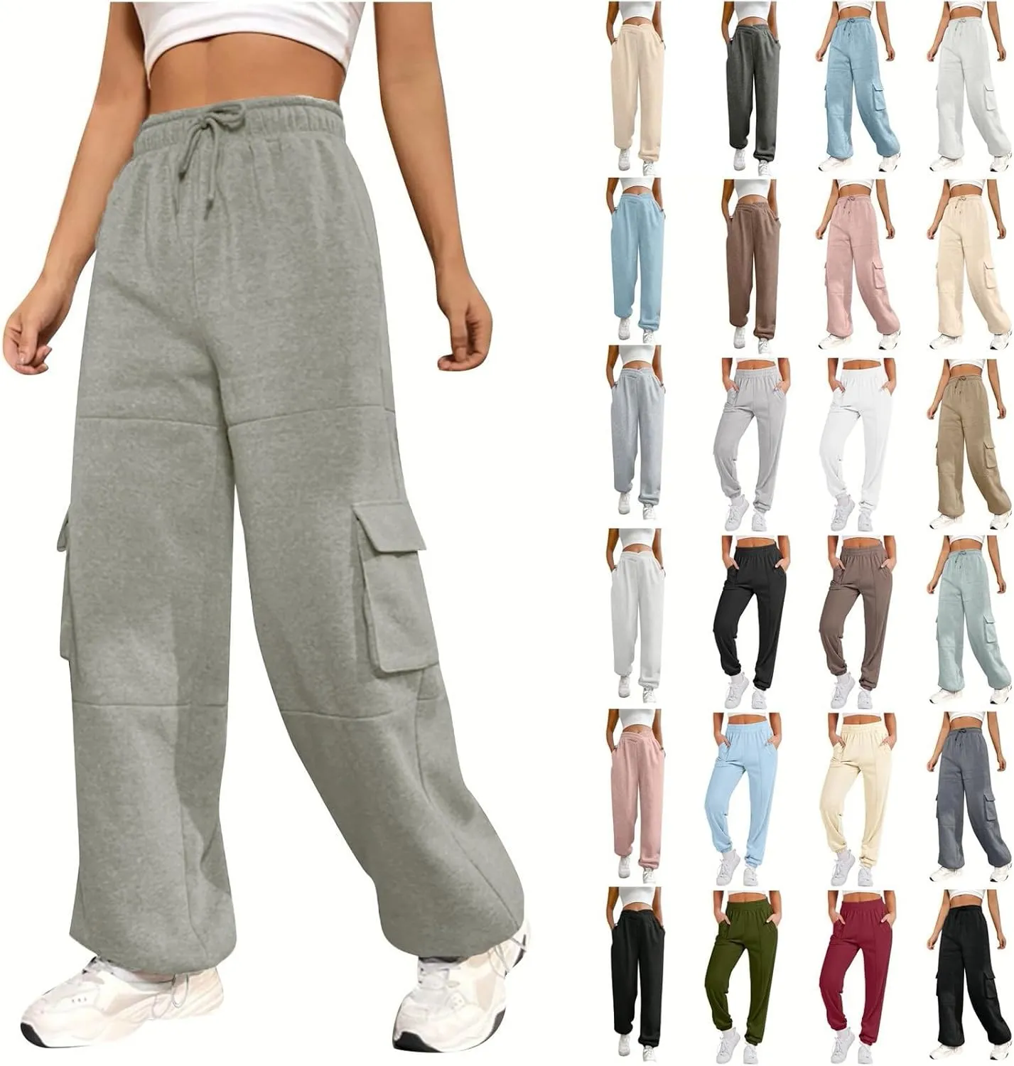 Fleece Lined Joggers Women Stretchy High Waisted Baggy Cargo Sweatpants Casual Warm Thermal Cotton Joggers with Pockets