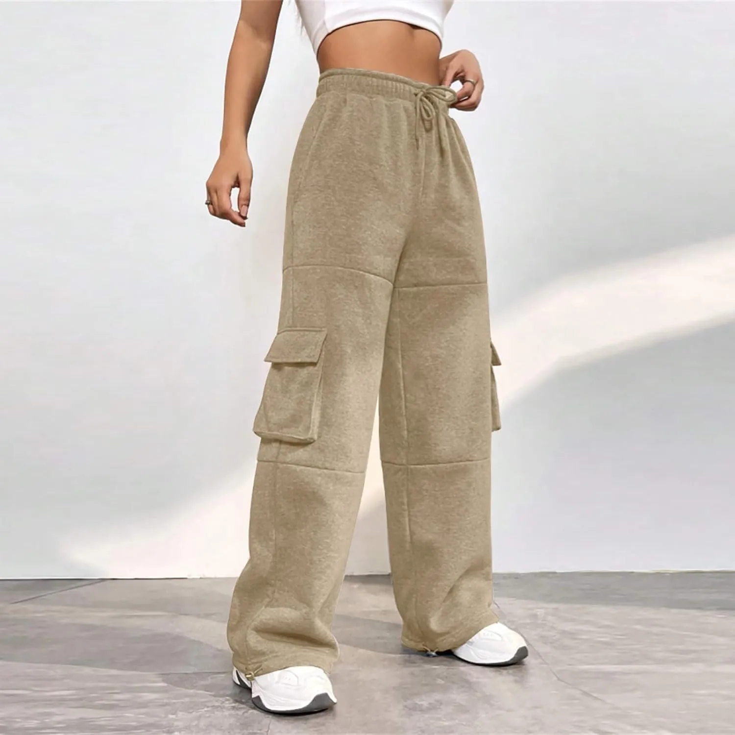 Fleece Lined Joggers Women Stretchy High Waisted Baggy Cargo Sweatpants Casual Warm Thermal Cotton Joggers with Pockets