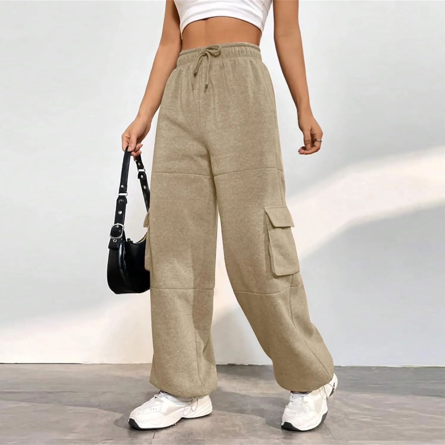 Fleece Lined Joggers Women Stretchy High Waisted Baggy Cargo Sweatpants Casual Warm Thermal Cotton Joggers with Pockets