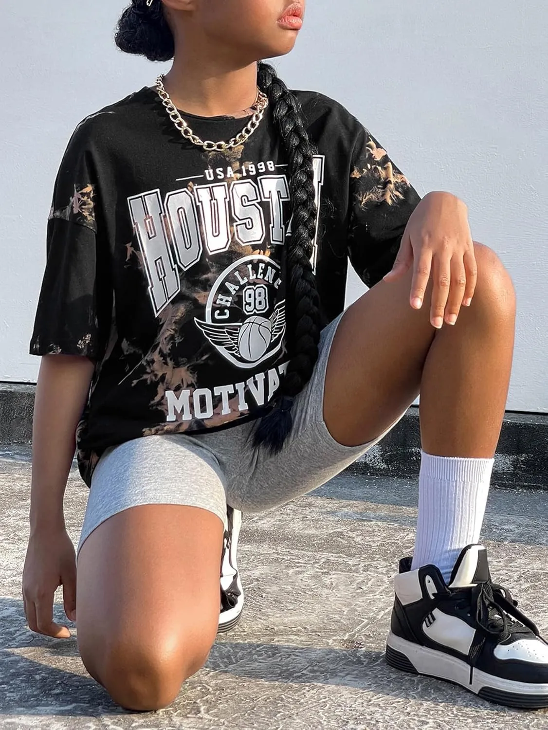 Floerns Girl's Letter Graphic Short Sleeve T Shirt Tie Dye Crew Neck Oversized Tee Tops