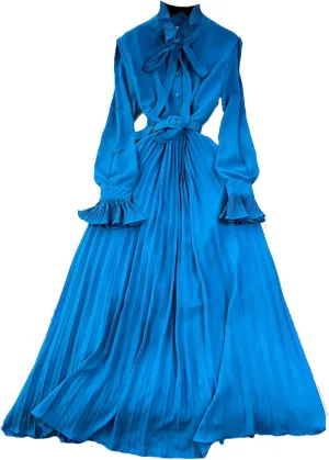 French Vintage Elegant Pleated Bow A-Line Dress Casual Women Fashion Vacation Spring Summer Dresses