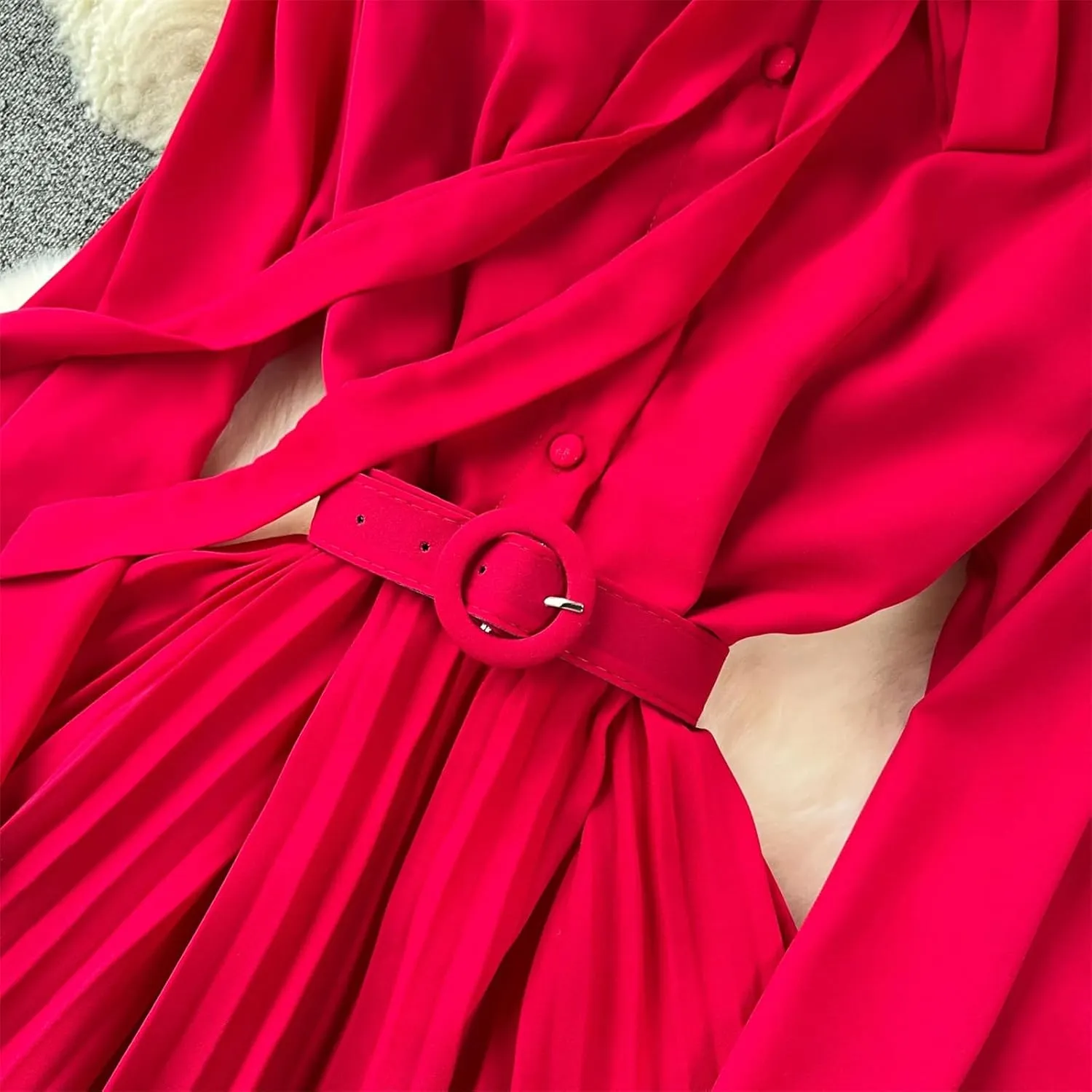 French Vintage Elegant Pleated Bow A-Line Dress Casual Women Fashion Vacation Spring Summer Dresses