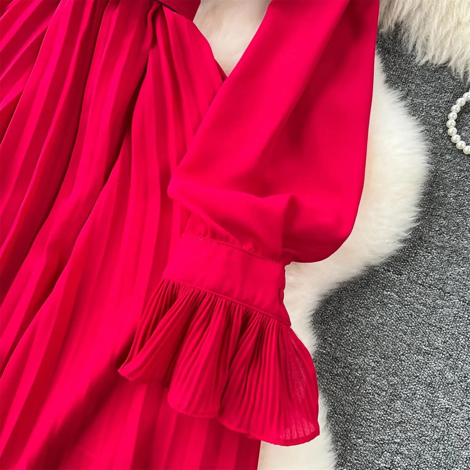 French Vintage Elegant Pleated Bow A-Line Dress Casual Women Fashion Vacation Spring Summer Dresses