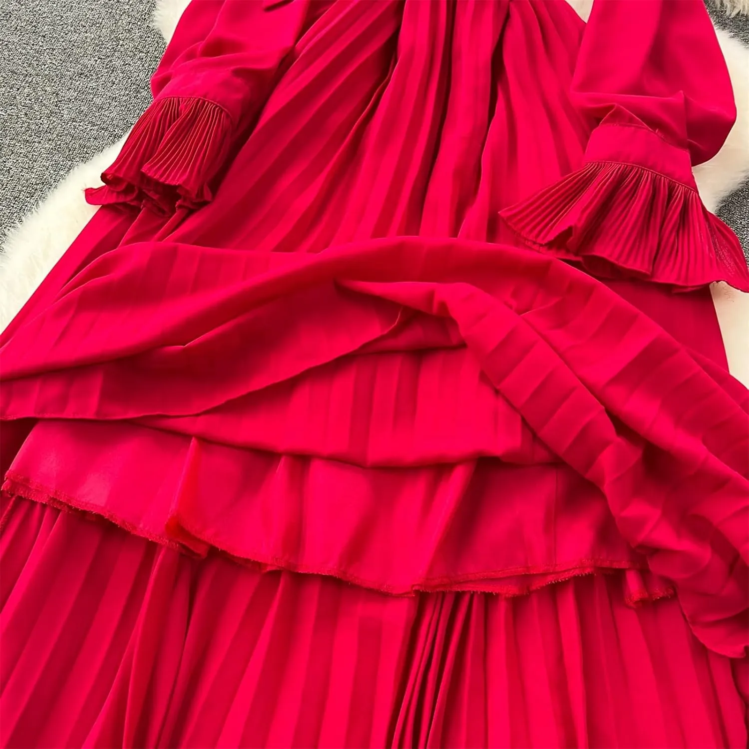 French Vintage Elegant Pleated Bow A-Line Dress Casual Women Fashion Vacation Spring Summer Dresses
