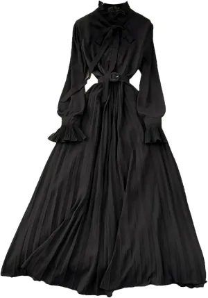 French Vintage Elegant Pleated Bow A-Line Dress Casual Women Fashion Vacation Spring Summer Dresses