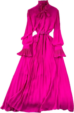 French Vintage Elegant Pleated Bow A-Line Dress Casual Women Fashion Vacation Spring Summer Dresses