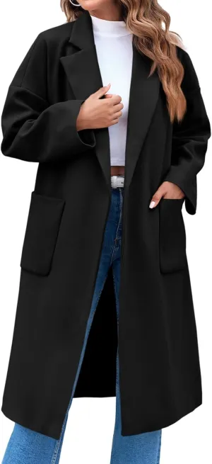 FSHAOES Womens Lapel Collar Pea Coat Open Front Overcoat Belted Long Jacket Outerwear