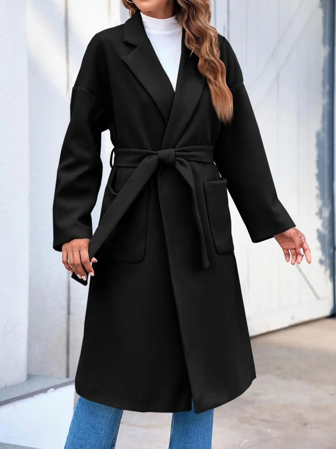 FSHAOES Womens Lapel Collar Pea Coat Open Front Overcoat Belted Long Jacket Outerwear