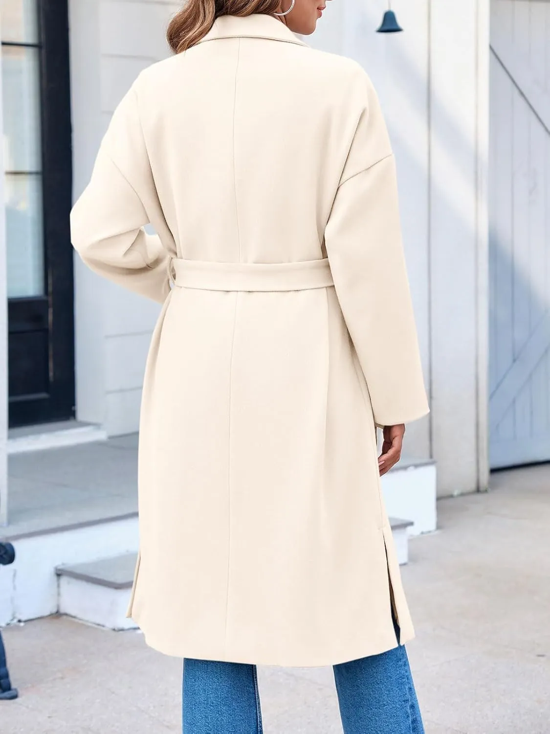 FSHAOES Womens Lapel Collar Pea Coat Open Front Overcoat Belted Long Jacket Outerwear