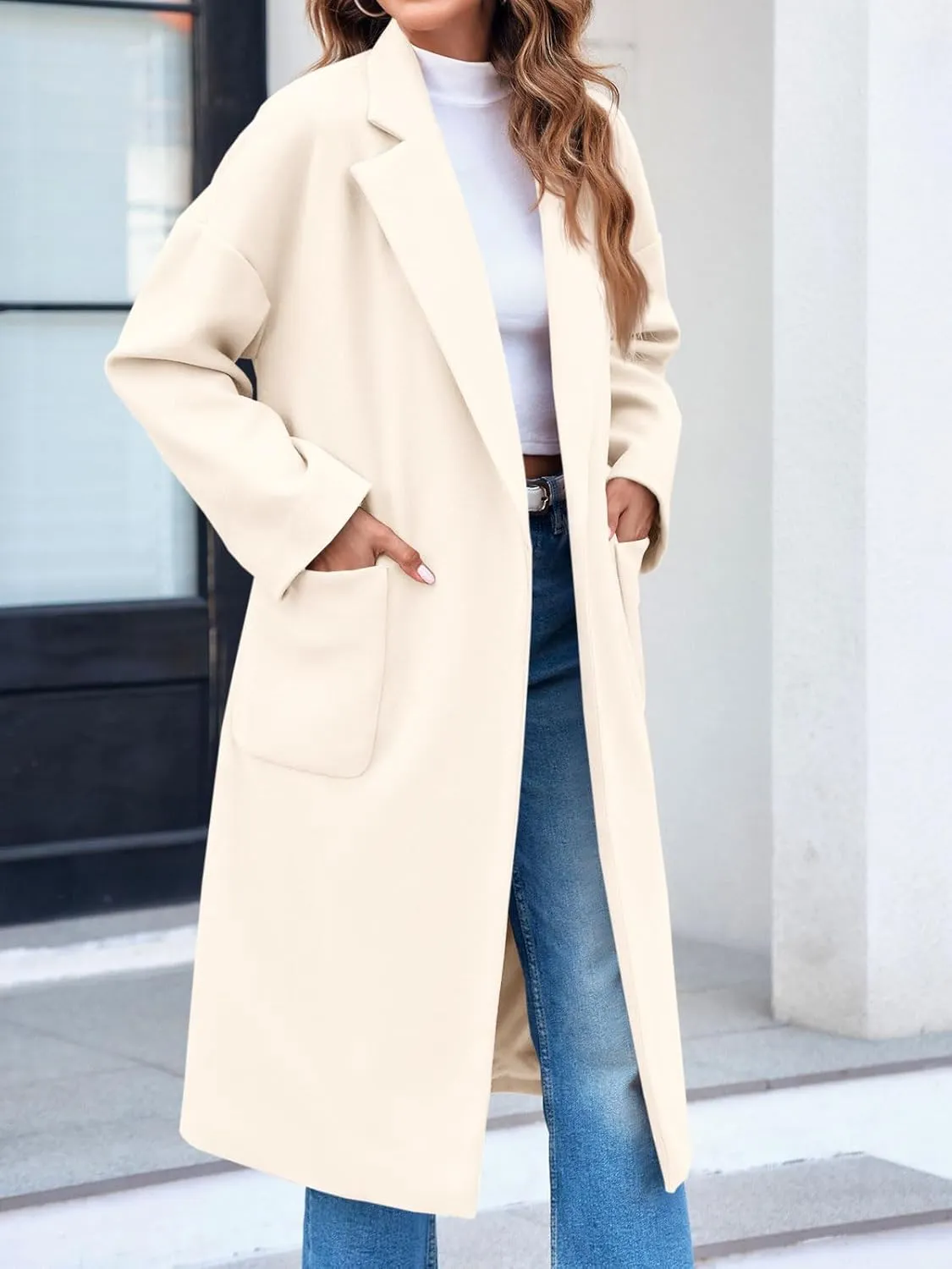 FSHAOES Womens Lapel Collar Pea Coat Open Front Overcoat Belted Long Jacket Outerwear