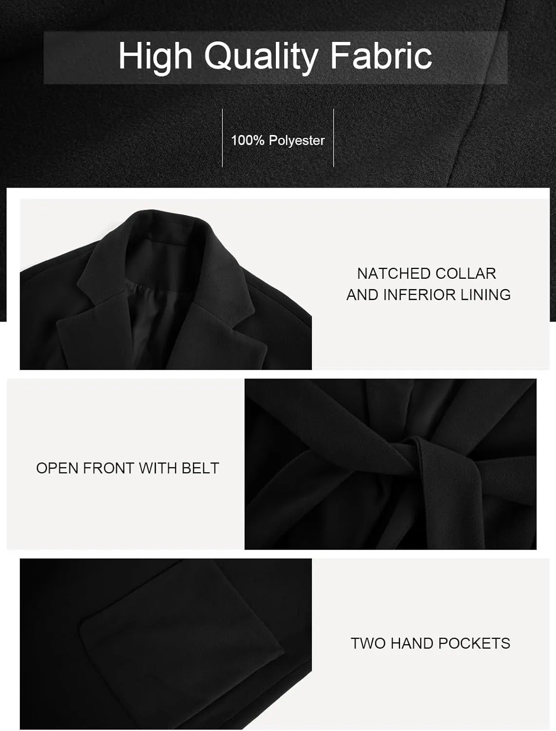 FSHAOES Womens Lapel Collar Pea Coat Open Front Overcoat Belted Long Jacket Outerwear