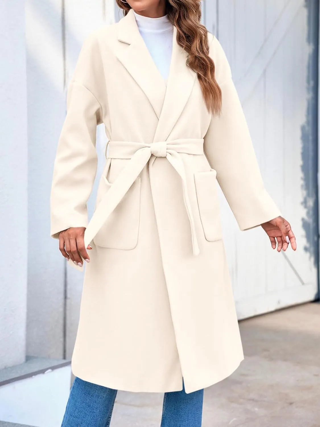 FSHAOES Womens Lapel Collar Pea Coat Open Front Overcoat Belted Long Jacket Outerwear