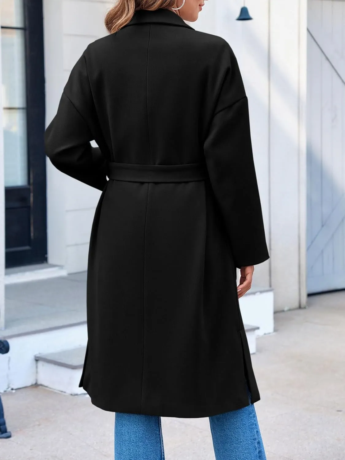 FSHAOES Womens Lapel Collar Pea Coat Open Front Overcoat Belted Long Jacket Outerwear