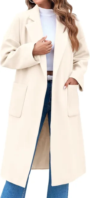FSHAOES Womens Lapel Collar Pea Coat Open Front Overcoat Belted Long Jacket Outerwear
