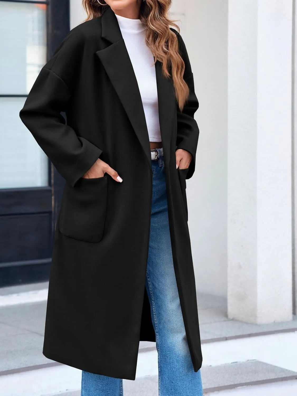 FSHAOES Womens Lapel Collar Pea Coat Open Front Overcoat Belted Long Jacket Outerwear