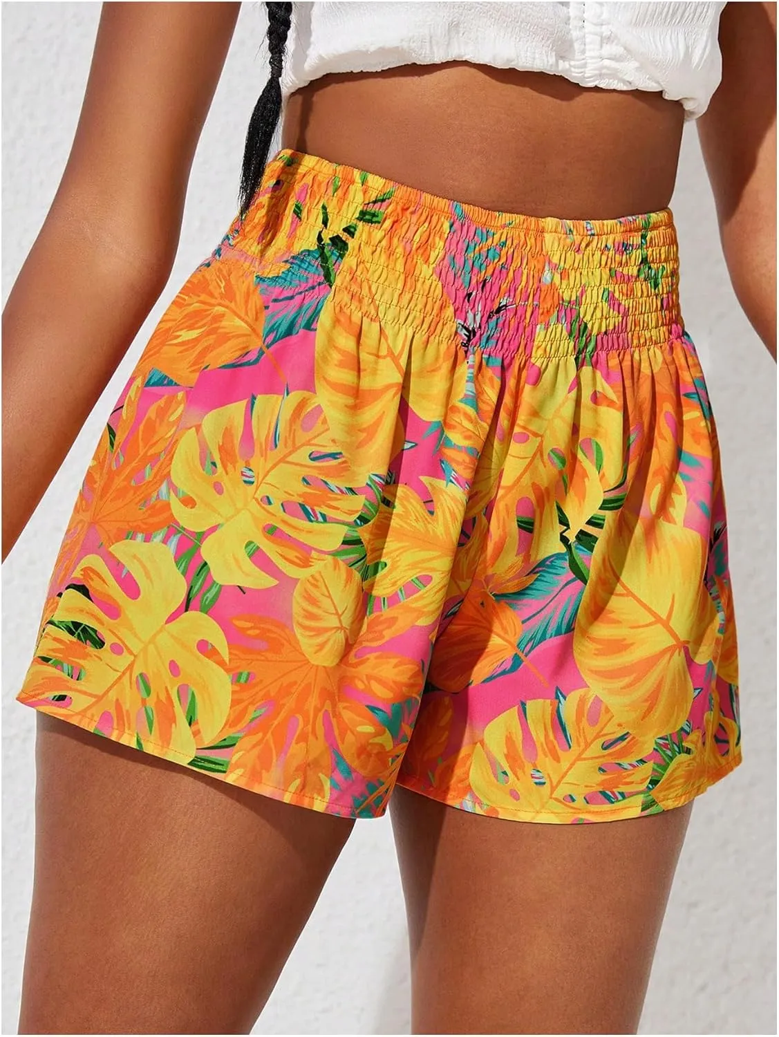 Girl's Boho Graphic Shorts Tropical Plant Print Elastic High Waisted Summer Vacation Shorts