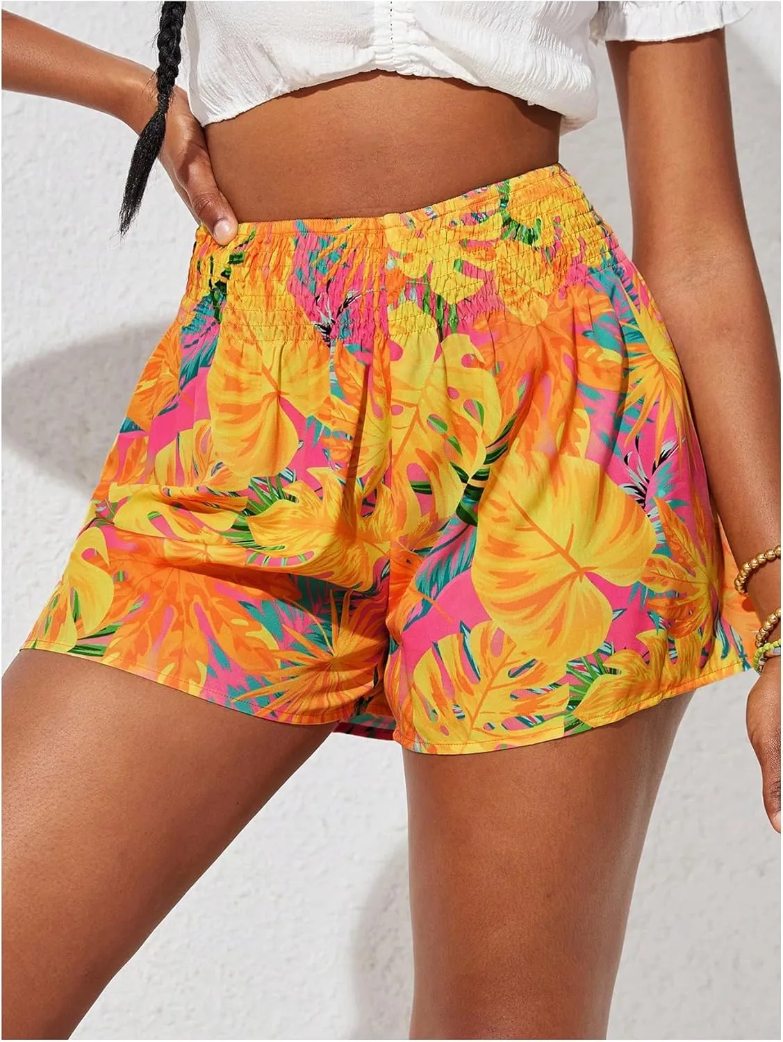 Girl's Boho Graphic Shorts Tropical Plant Print Elastic High Waisted Summer Vacation Shorts