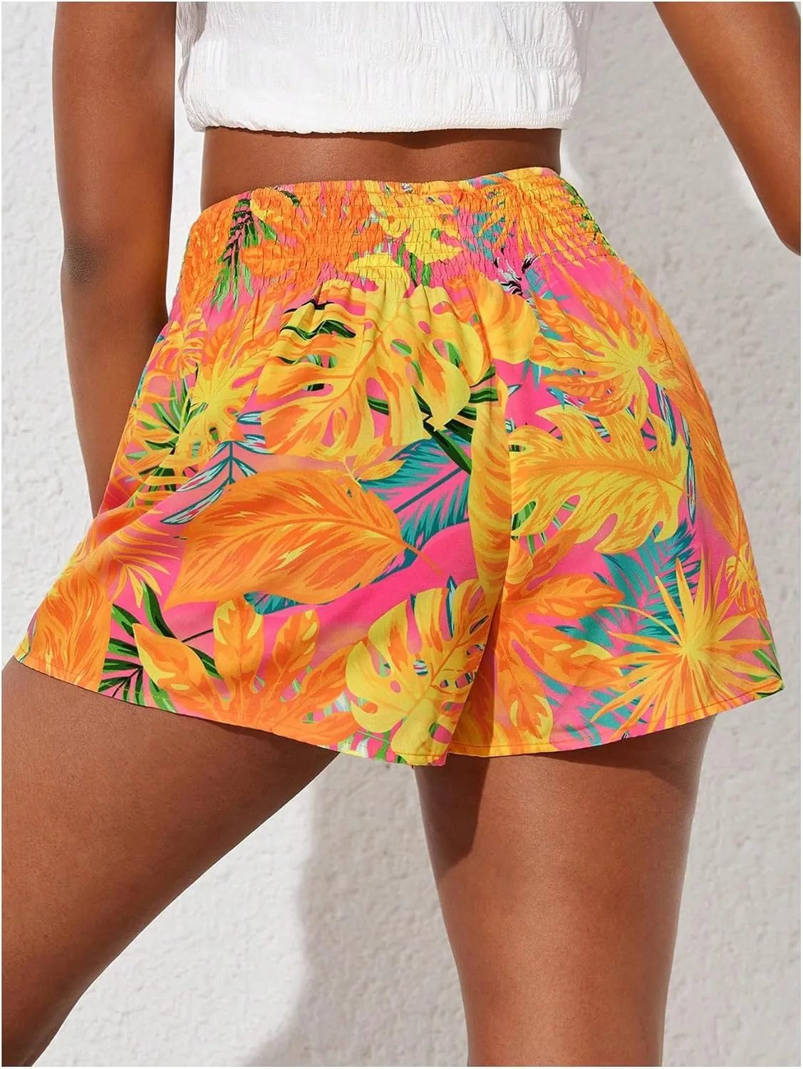 Girl's Boho Graphic Shorts Tropical Plant Print Elastic High Waisted Summer Vacation Shorts