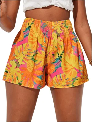 Girl's Boho Graphic Shorts Tropical Plant Print Elastic High Waisted Summer Vacation Shorts