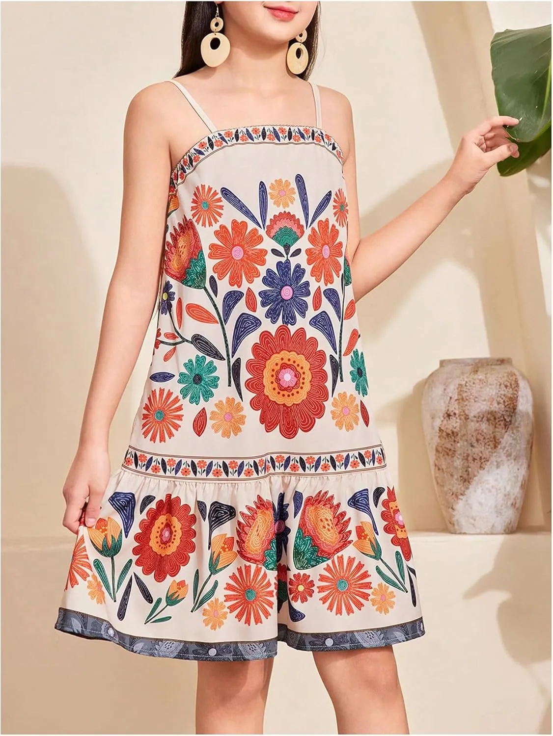 Girl's Boho Spaghetti Strap Floral Dress Ruffle Hem Drop Waist Summer Vacation Midi Dresses