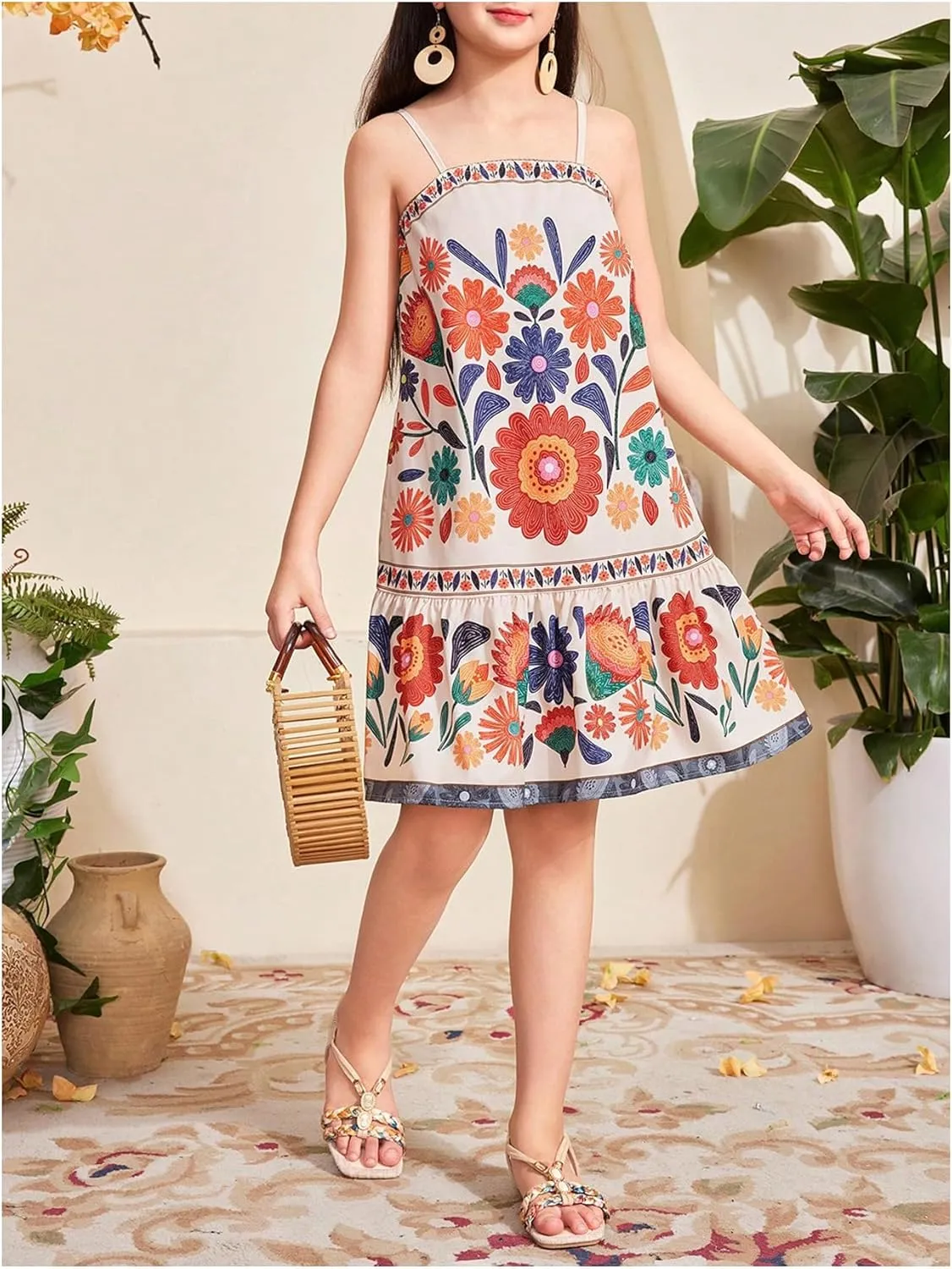 Girl's Boho Spaghetti Strap Floral Dress Ruffle Hem Drop Waist Summer Vacation Midi Dresses