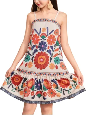Girl's Boho Spaghetti Strap Floral Dress Ruffle Hem Drop Waist Summer Vacation Midi Dresses
