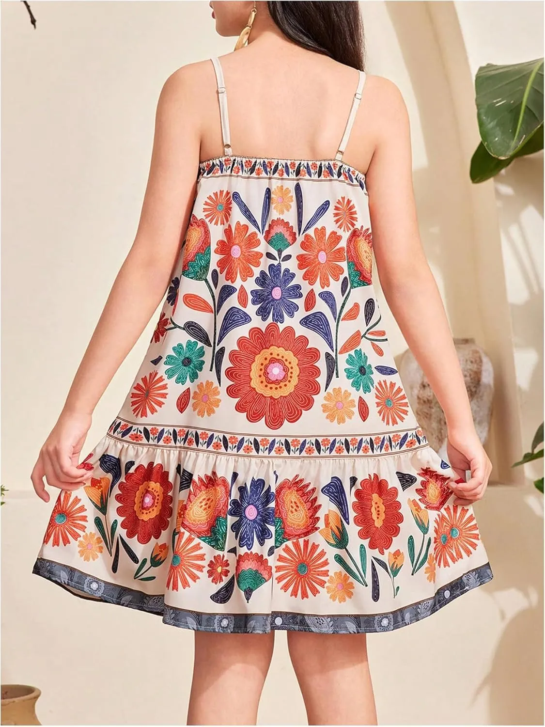 Girl's Boho Spaghetti Strap Floral Dress Ruffle Hem Drop Waist Summer Vacation Midi Dresses