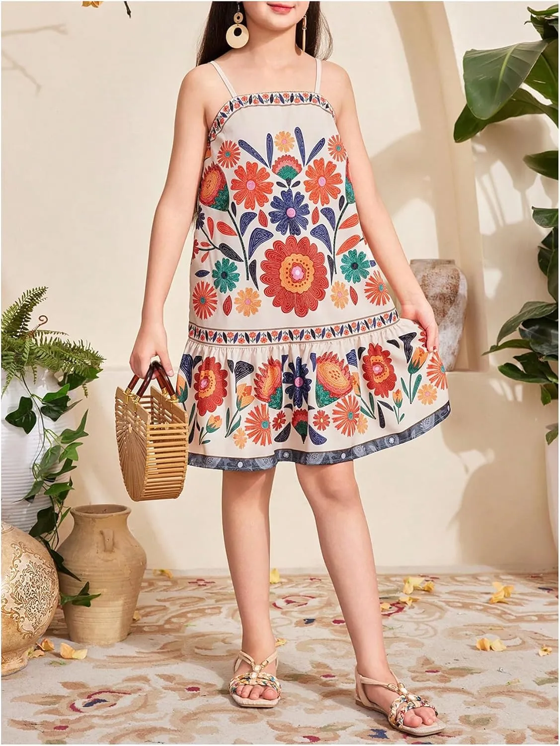 Girl's Boho Spaghetti Strap Floral Dress Ruffle Hem Drop Waist Summer Vacation Midi Dresses
