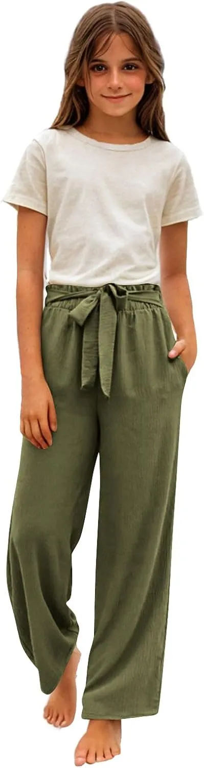 Girls Cotton Linen Palazzo Pants Wide Leg High Waist Smocked Flowy Trousers 2025 Kids Summer Beach Vacation Outfits