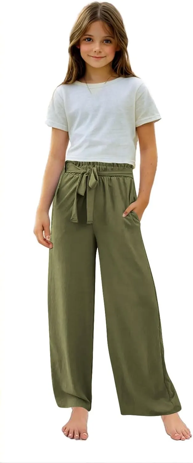 Girls Cotton Linen Palazzo Pants Wide Leg High Waist Smocked Flowy Trousers 2025 Kids Summer Beach Vacation Outfits