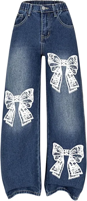Girl's Y2k Bow Print Baggy Jeans Wide Leg High Waisted Denim Pants