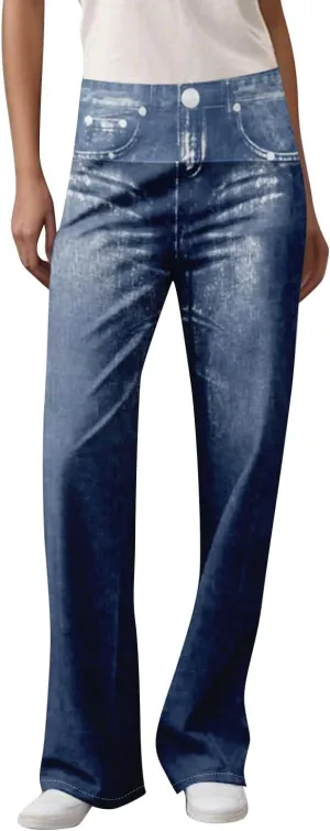 GOFULY French Terry Sweatpants That Look Like Jeans,Denim Print Wide Leg Pants Stretchy Elastic Waisted Sweatpants Casual