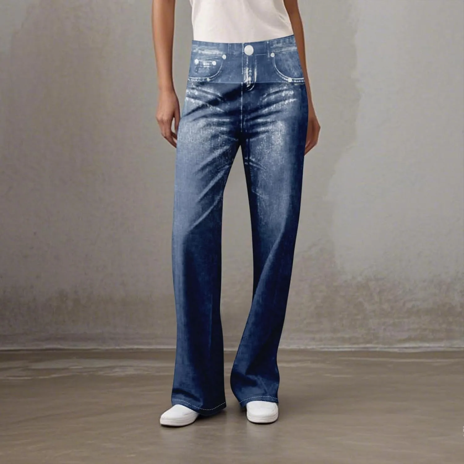 GOFULY French Terry Sweatpants That Look Like Jeans,Denim Print Wide Leg Pants Stretchy Elastic Waisted Sweatpants Casual