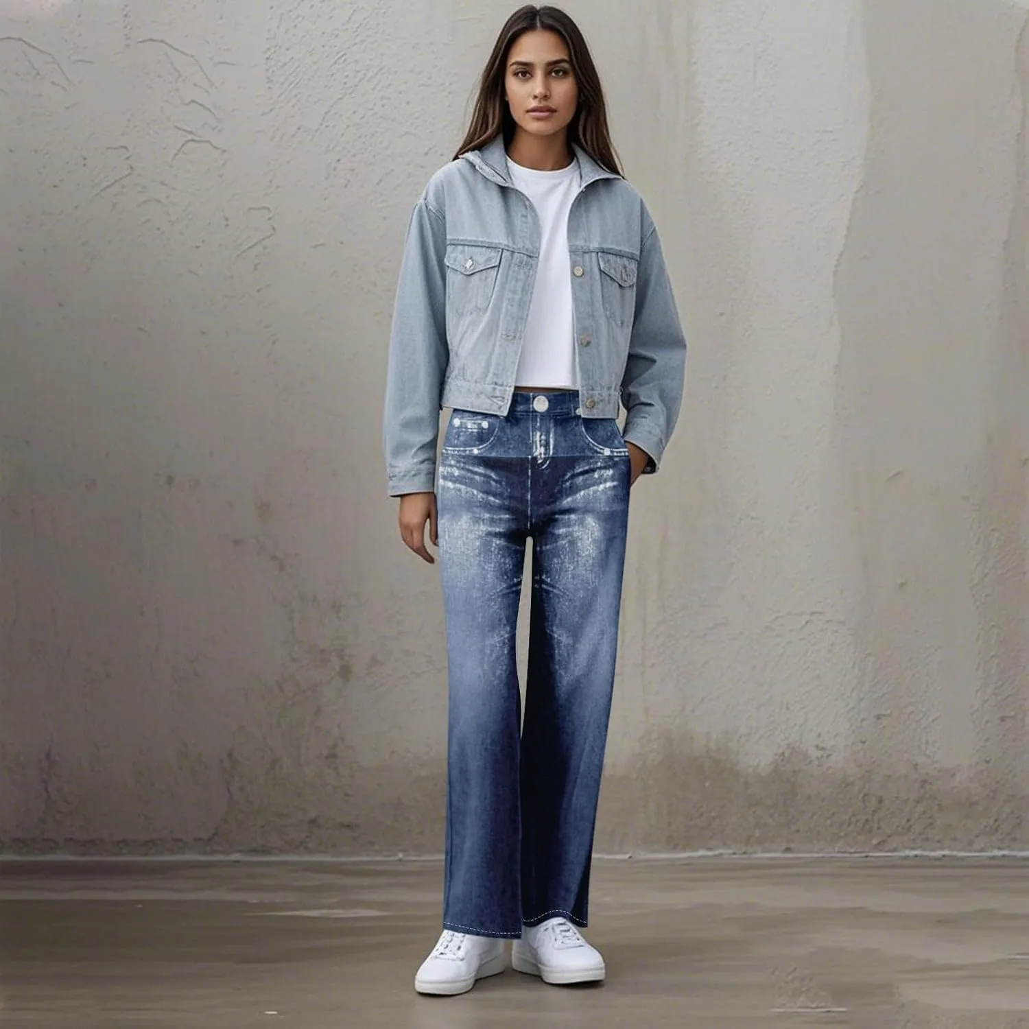 GOFULY French Terry Sweatpants That Look Like Jeans,Denim Print Wide Leg Pants Stretchy Elastic Waisted Sweatpants Casual