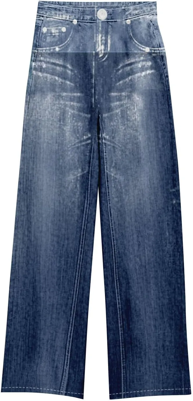 GOFULY French Terry Sweatpants That Look Like Jeans,Denim Print Wide Leg Pants Stretchy Elastic Waisted Sweatpants Casual