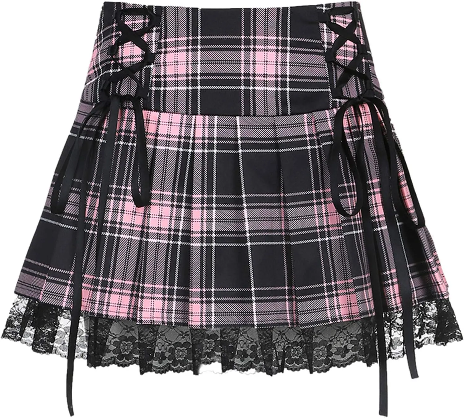 Gothic Mini Pleated Skirt for Women Sexy Lace Patchwork High Waist Ruffle Short Skirt E-Girl Harajuku A-Line Skirt