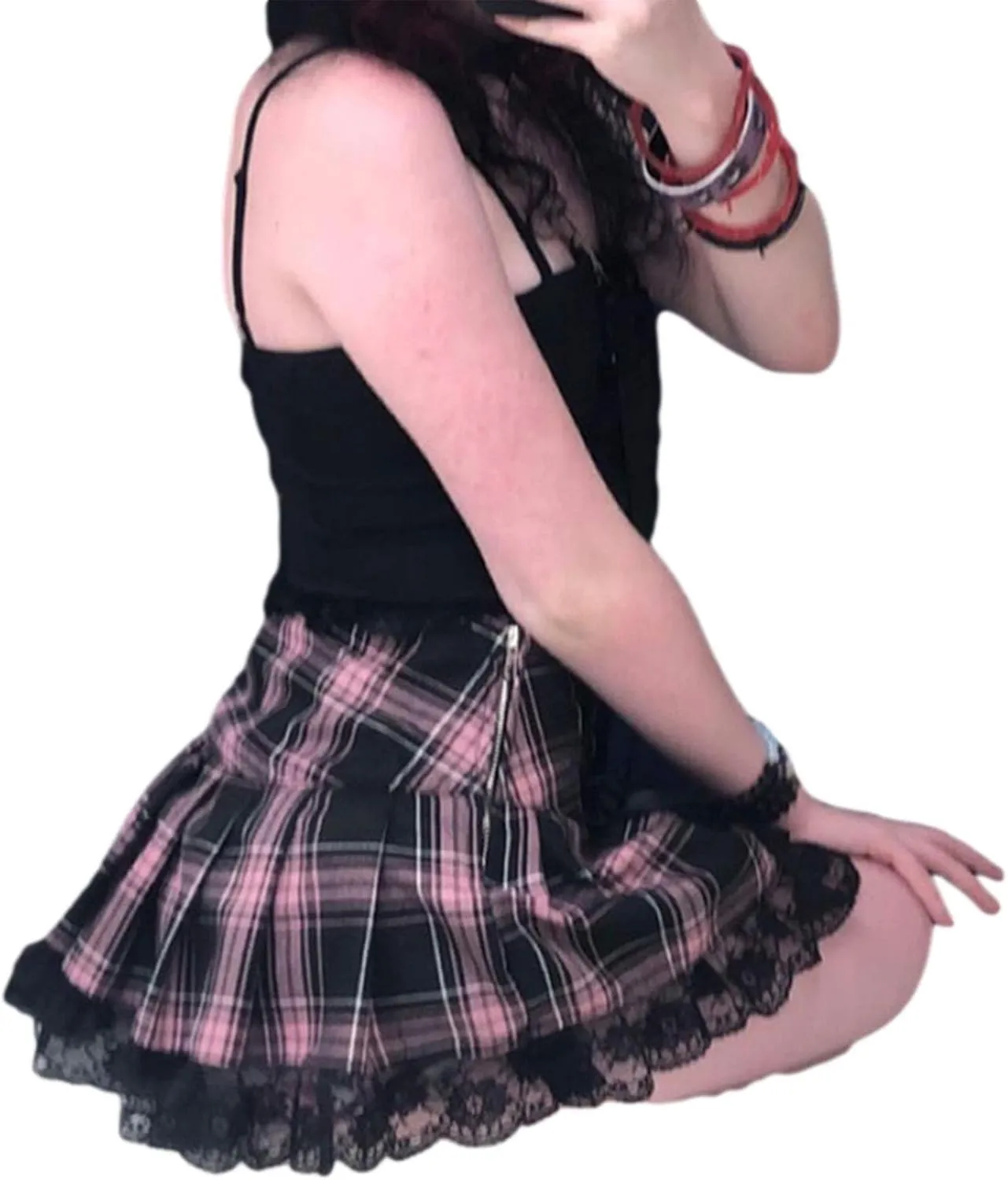 Gothic Mini Pleated Skirt for Women Sexy Lace Patchwork High Waist Ruffle Short Skirt E-Girl Harajuku A-Line Skirt