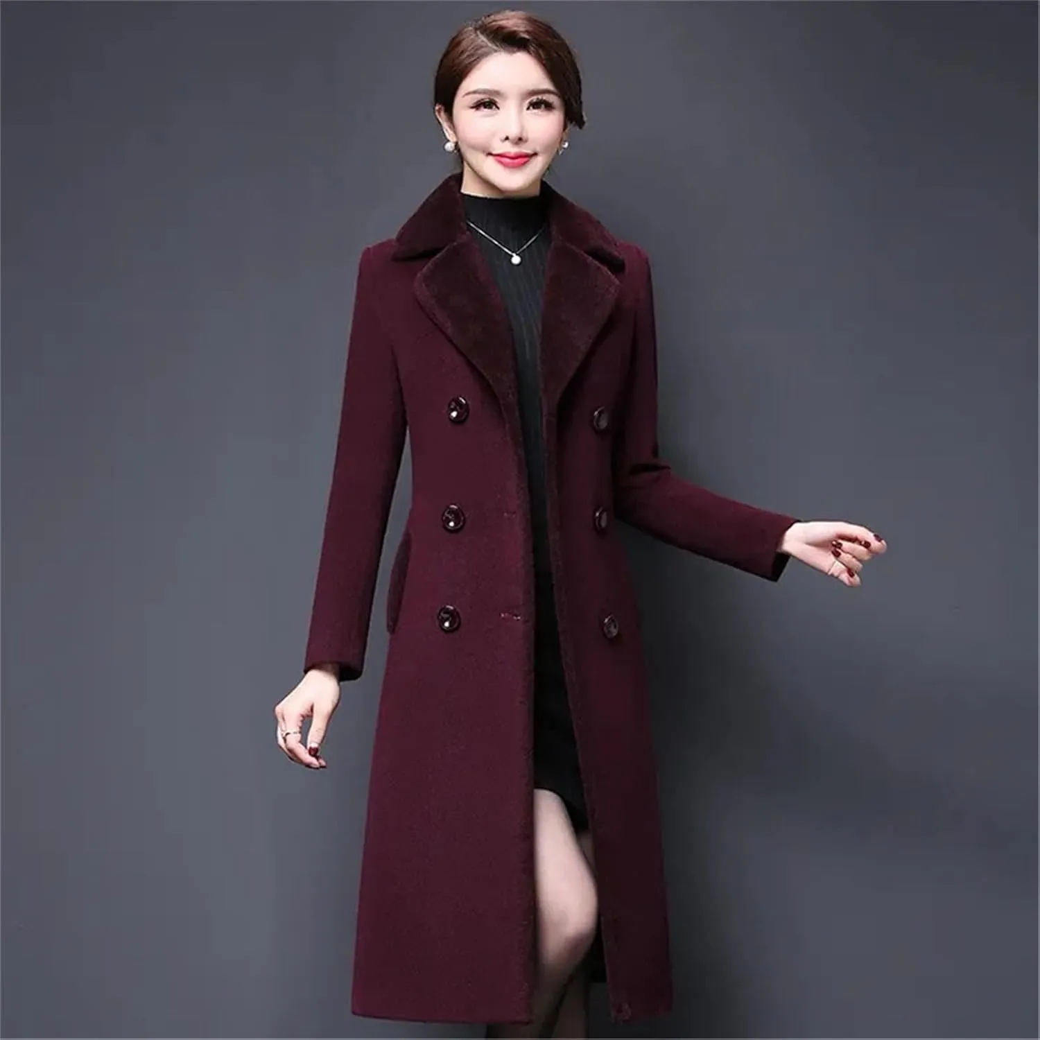Haitpant Women's Autumn Winter Blend Wool Coat Korean Mother's Woolen Jackets Long Thicken Faux Fur Overcoat