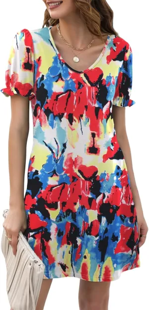 Halife Womens Summer Dresses Casual Puff Short Sleeve V-Neck T Shirt Dress with Pockets