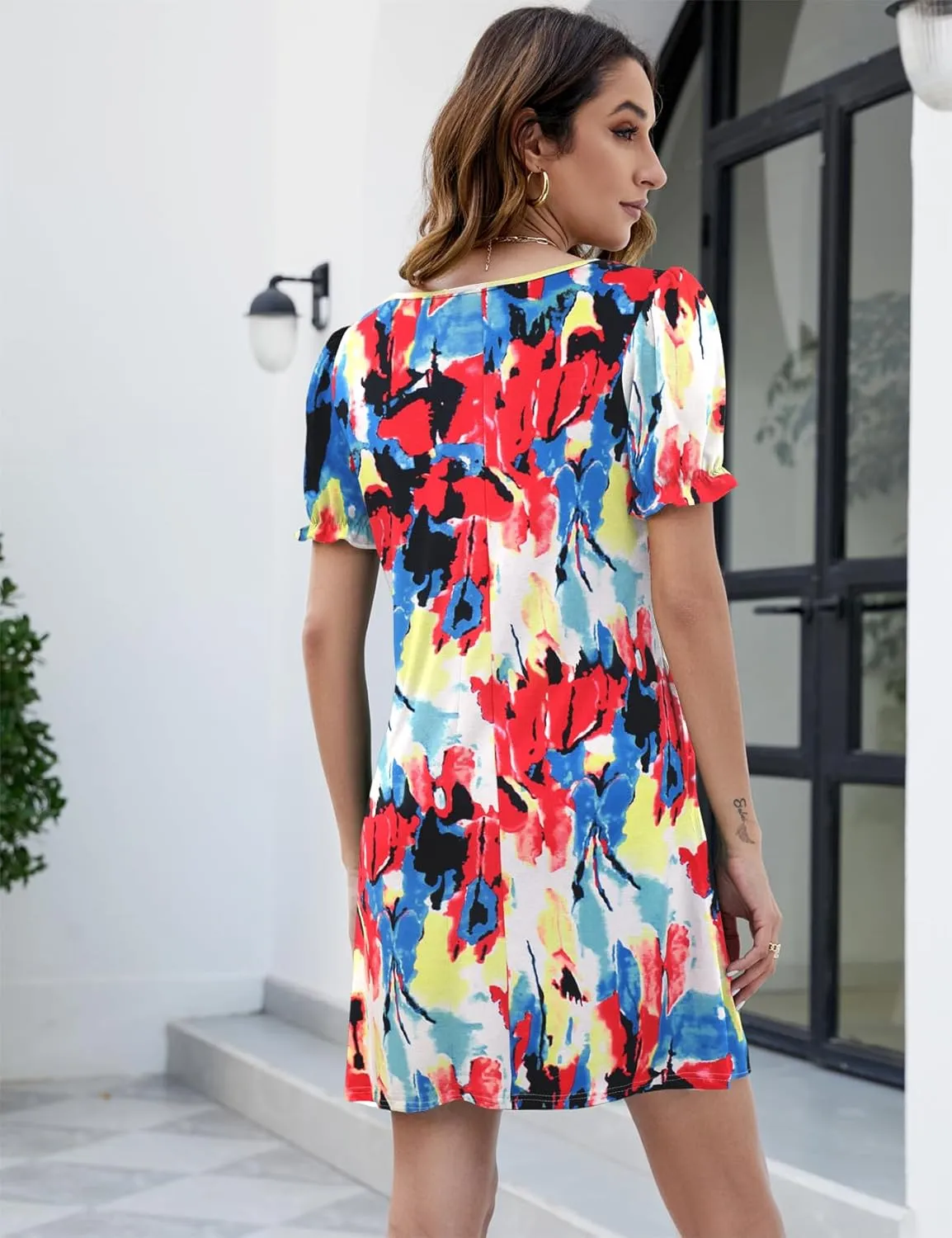 Halife Womens Summer Dresses Casual Puff Short Sleeve V-Neck T Shirt Dress with Pockets