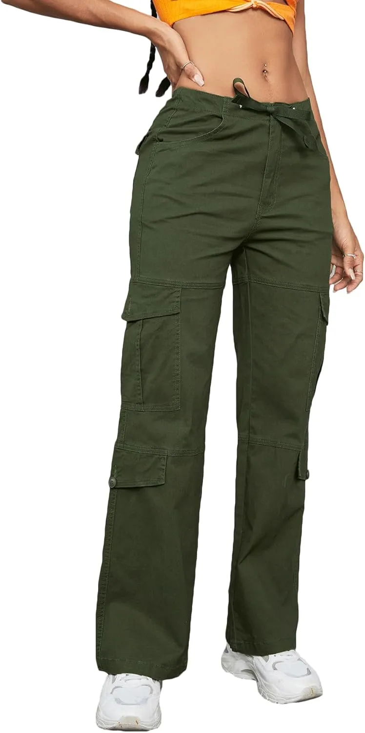 High Waist Stretch Cargo Pants Women Baggy Multiple Pockets Relaxed Fit Straight Wide Leg Y2K Pants