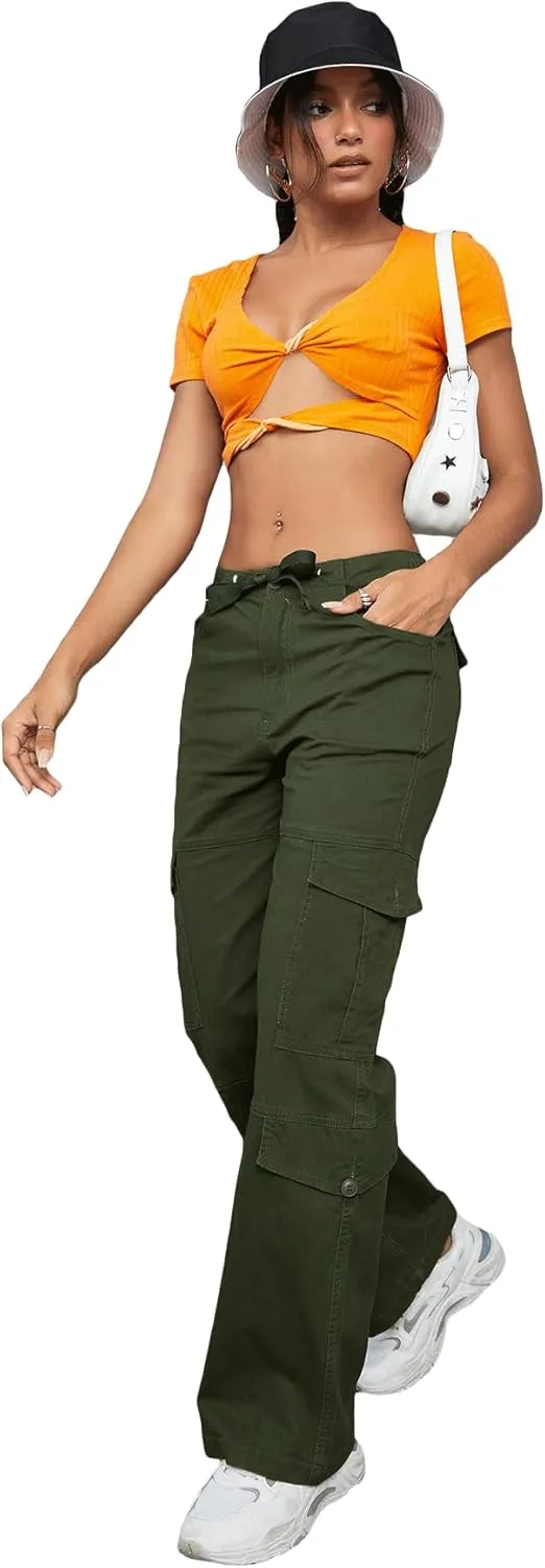 High Waist Stretch Cargo Pants Women Baggy Multiple Pockets Relaxed Fit Straight Wide Leg Y2K Pants
