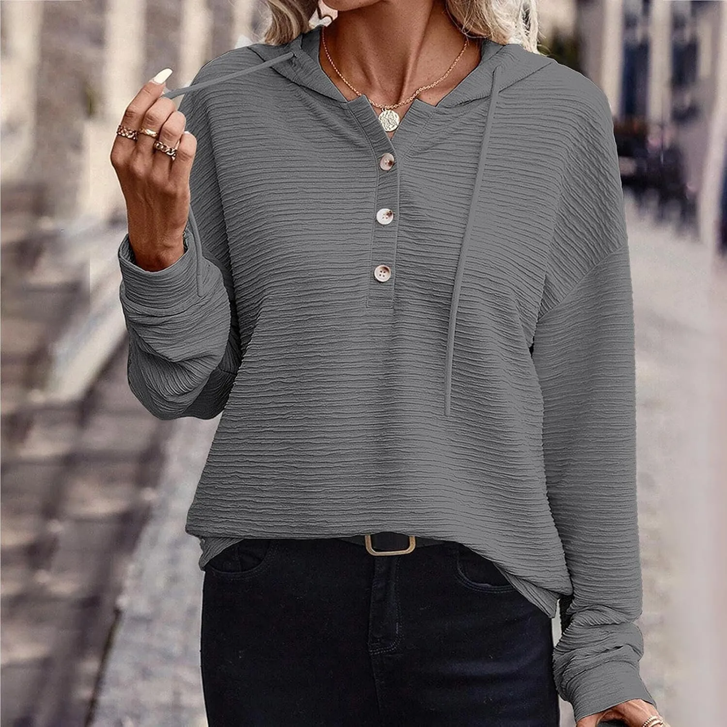 Hoodies for Women 2024 Fashion Fall V Neck Button Down Long Sleeve Casual Cute Hooded Sweatshirts Drawstring Tops