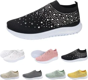 Hrtesus Women's Flower Rhinestone Sock Comfortable Slip On Sports Sneakers, Slip On Knitted Sock Sneakers with Arch Support Walking Shoes